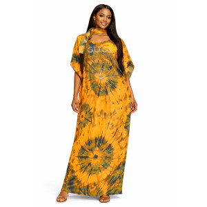 Vibrant Tie Dye Maxi Kaftan with Matching Headwrap